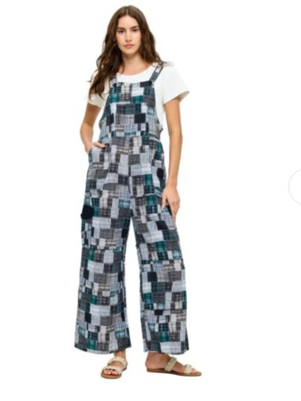 26372 G Yak & Yeti Boho Gray Multi Patchwork Print Overall Sz S NWT